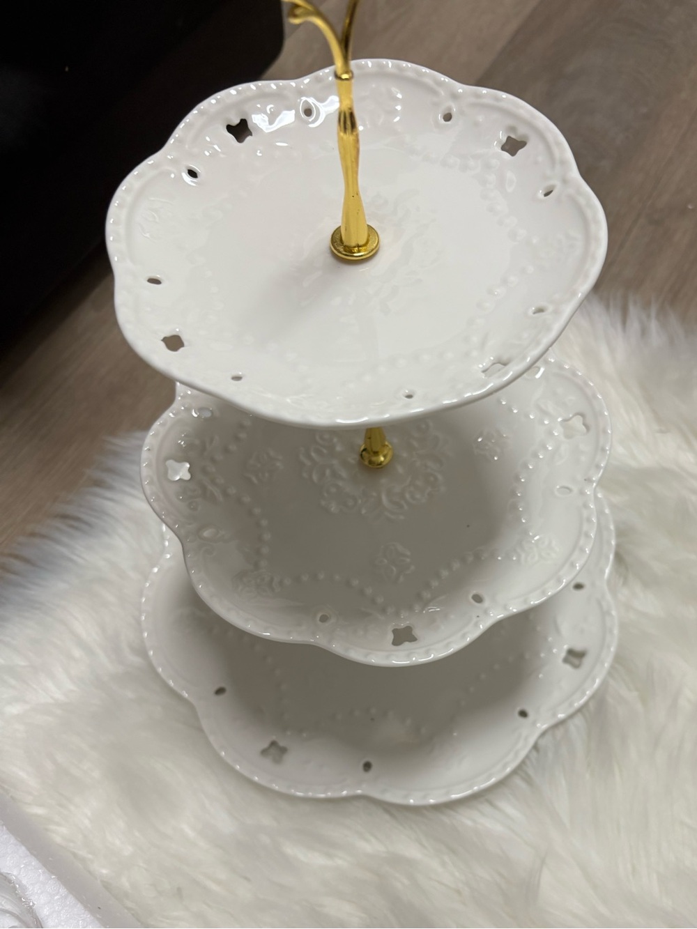 White 3-Tier Porcelain Serving Stand with Gold Handle